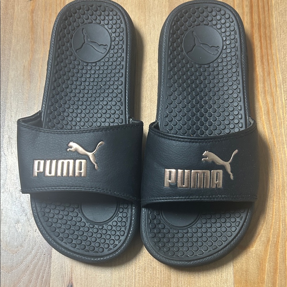 Puma Black and Gold Slide Sandals